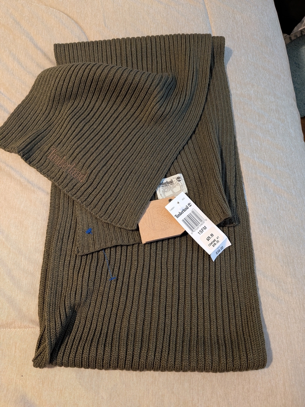 Timberland Men's Olive Rib Knit Beanie & Scarf Set
